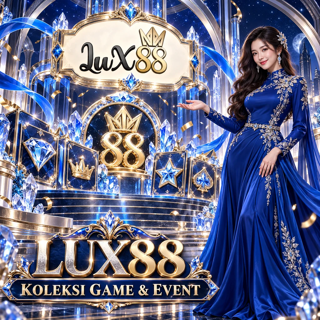 Poster LUX88 bertema sapphire dengan panggung koleksi game, duta perempuan dewasa, dan mahkota emas 88